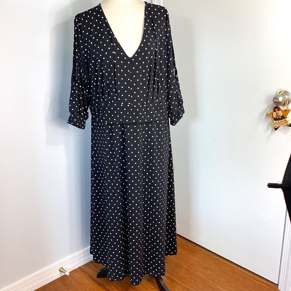 Y2K JESSICA LONDON PLUS 22W MIDI DRESS BLACK WHITE POLKA DOT COLD SHOULDER